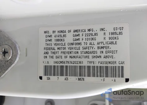 2007 Honda Accord 2.4 Ex z USA, uszkodzony, nr VIN 1HGCM56797A202361